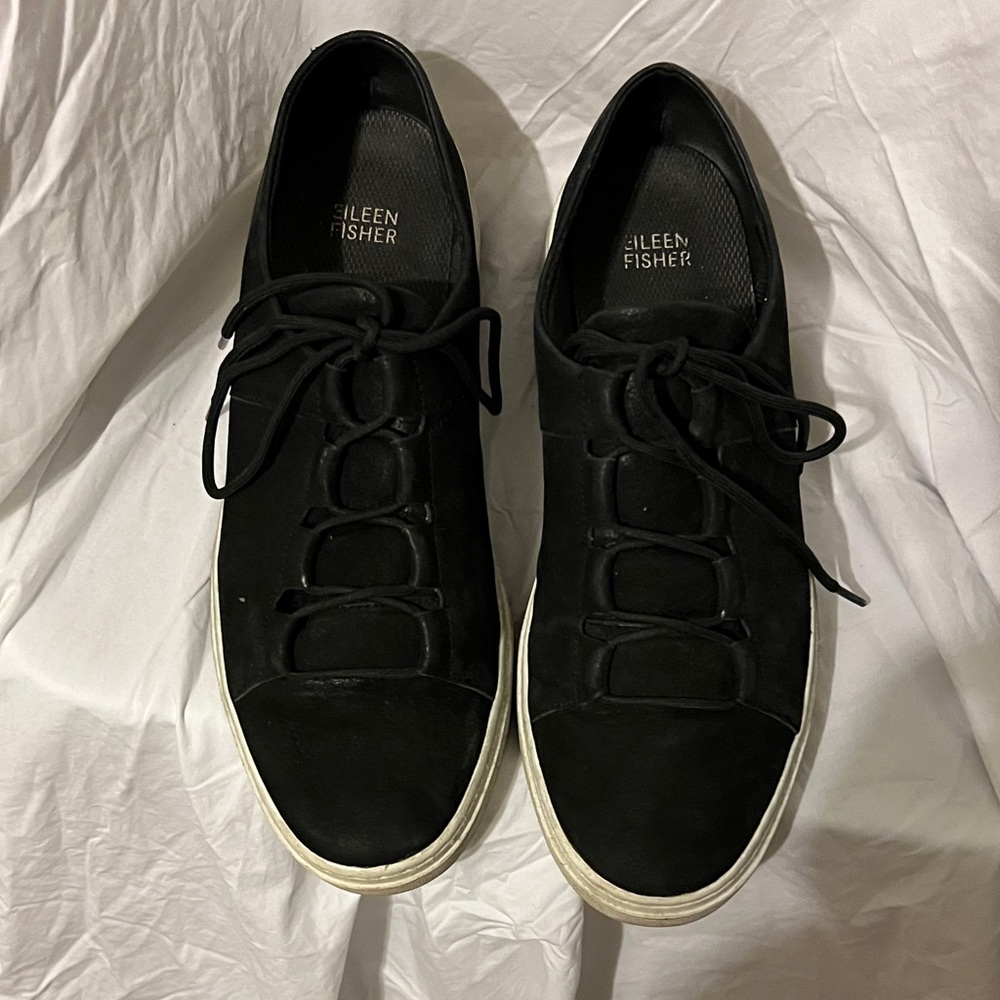 Eileen Fisher Black Lace-Up Sneakers with White Trim